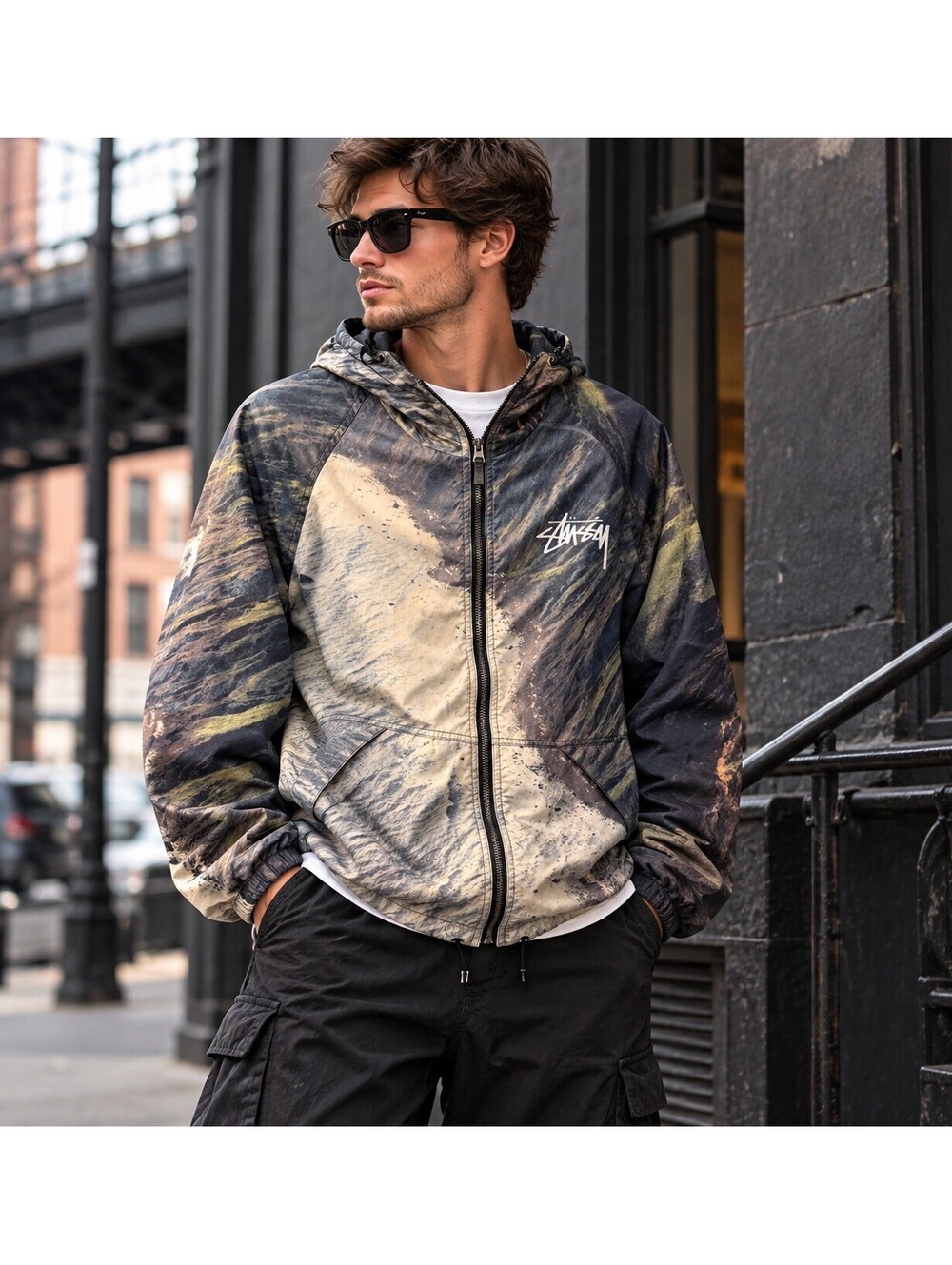Stüssy Men’s M Abstract Print Hooded Windbreaker Jacket Y2K Streetwear